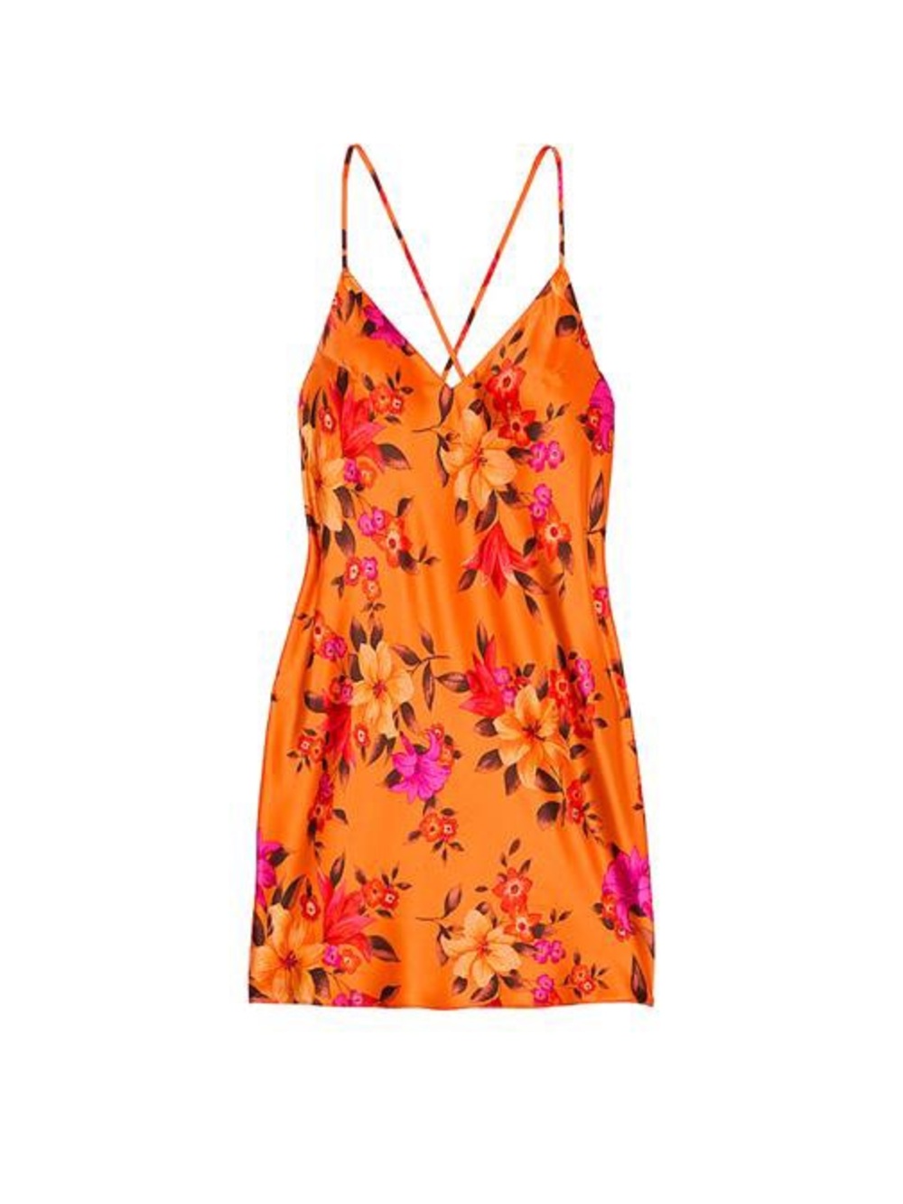 Victoria’s Secret Satin Slip Dress Orange Tropical Floral Open Back Size Large
